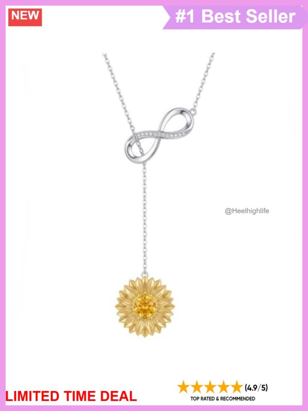 Natural Citrine Sunflower Necklace 925 Sterling Silver Infinity Pendant